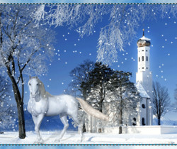 Зимний пейзаж с белой лошадью