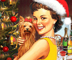 Девушка с собакой у новогодней елки